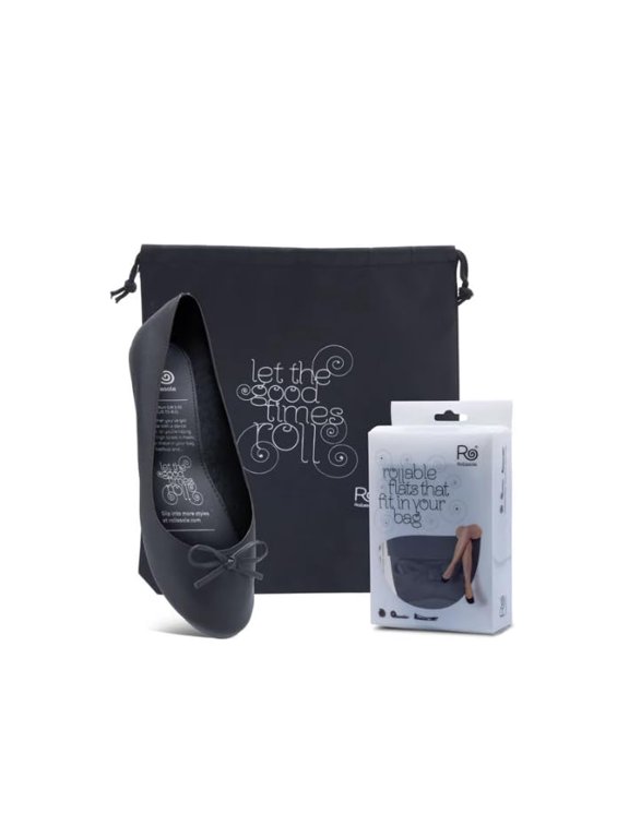 Back to Black Foldable Ballet Flats - Ultra-Compact Emergency Roll-Up Shoes with Bow Detail & High Heel Carry Bag - Essential Travel Flats