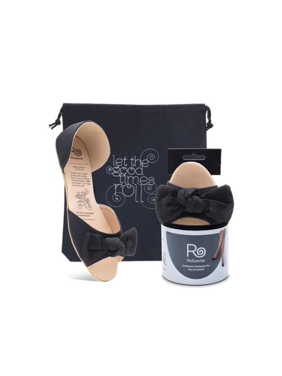Into The Night Foldable Peep Toe Flats - Jet Black Dress Shoes with Statement Bow & High Heel Carry Bag - Deluxe Foldable Sandals for Summer