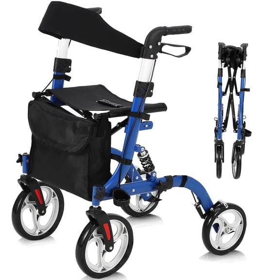 Rollator Walker with Seat for Seniors, All-Terrain Mobility Aid with Shock Absorber & 12" Rubber Wheels, Lightweight Aluminum Foldable Design with Adjustable Backrest Height for Outdoor Use