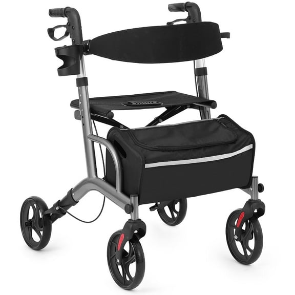 Rollator Walker for Seniors, Lightweight Foldable Walker with Seat Supports 250lb, 8" Big Wheels for All Terrain, Dual Height Adjustment, Aluminum Walkers with 5" Ultra Backrest for Seniors, Silver