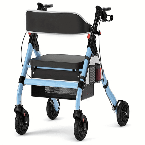 Rollator Walker for Seniors with Seat, 450 lbs Lightweight Aluminum Folding Walker with 8" All-Terrain Wheels, 6-Level Adjustable Handles, Compact Fold Mobility Aid,Blue