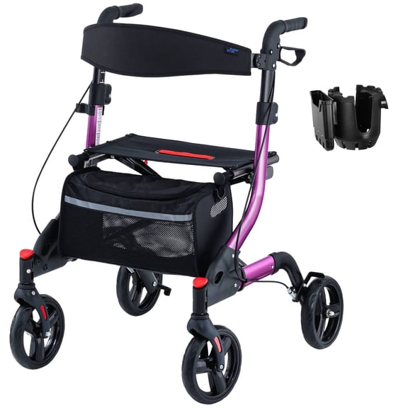 Rollator Walker for Seniors with Seat, Lightweight Foldable All Terrain Rolling Walker, Aluminum Walkers with 8" Rubber Wheels, 17" Big Seat, 6-Level Adjustable Height, 350 lb Capacity, Purple