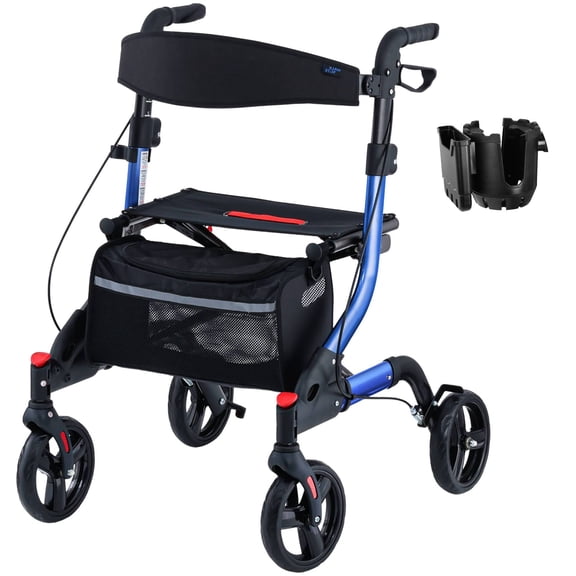 Rollator Walker for Seniors with Seat, Lightweight Foldable All Terrain Rolling Walker, Aluminum Walkers with 8" Rubber Wheels, 17" Big Seat, 6-Level Adjustable Height, 350 lb Capacity, Blue