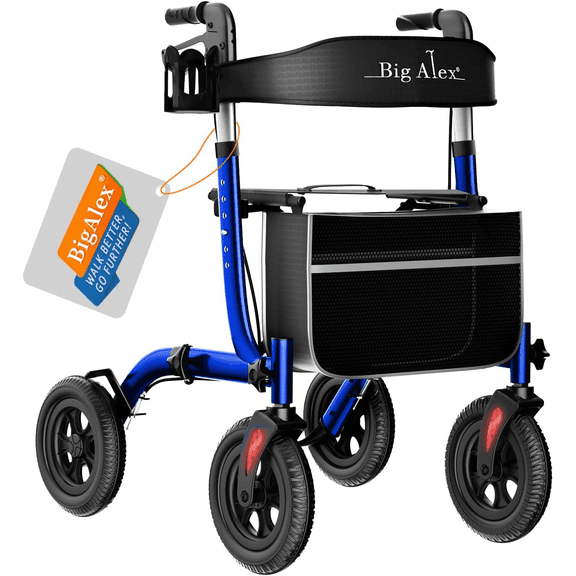 Rollator Walker for Seniors with Wider Seat & Cup Holder, Foldable Design with 10" All-Terrain Wheels - Lightweight Aluminum Walkers Rollator with Backrest, Cup Holder and Storage