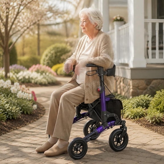Rollator Walker for Seniors, Folding Rolling Walker with Seat, Purple, 6-Level Height Adjustment, 300 Lb Weight Capacity