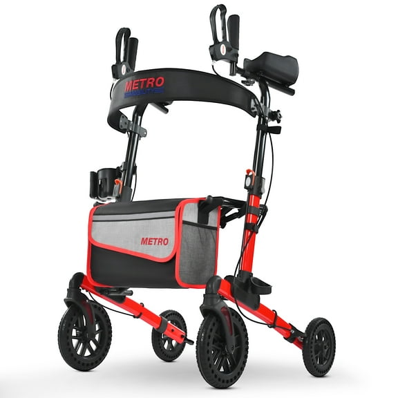 Rollator Walker with Padded Seat for Seniors, Foldable Rolling Walker with PVC Wheels for All Terrain, Large Travel Bag, 300 lb.Weight capacity, Red