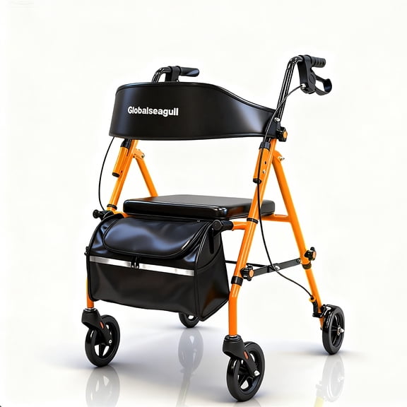 Rollator Walker with Seat, 360° Steerable Wheels, Lightweight and Foldable, Supports up to 350 lb, Orange