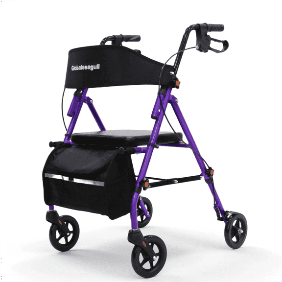 Rollator Walker with Seat, 360° Steerable Wheels, Lightweight and Foldable, Supports up to 350 lb, Purple