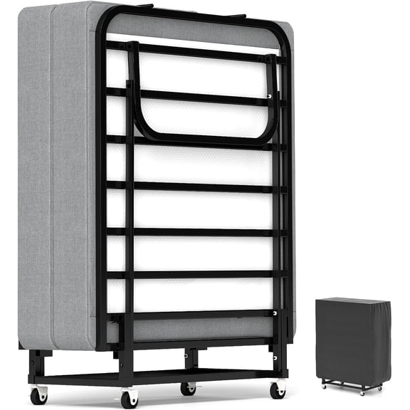 Rollaway Bed with Mattress for Adults, Folding Portable Guest Bed with Wheels, Foldable Metal Frame, Space-Saving Design, Easy Storage, No Assembly,Memory Foam Mattress