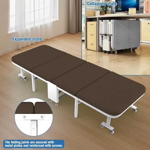 Rollaway Camping Cot for Adults (Brown) - Foldable Steel Frame Bed with Wheels for Home Office