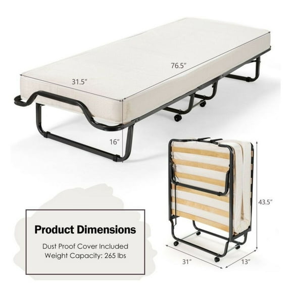 Rollaway Folding Bed with Memory Foam Mattress - Black, Steel Frame, 265lbs Capacity - Portable Guest Bed for Small Spaces, Office, with Wheels & Dust Cover