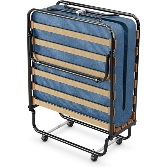 Rollaway Folding Bed with Soft Memory Foam Mattress, Portable Sleeper Cot Size with Metal Frame for Adults, Guest Bed for Spare Bedroom and Office (Blue)