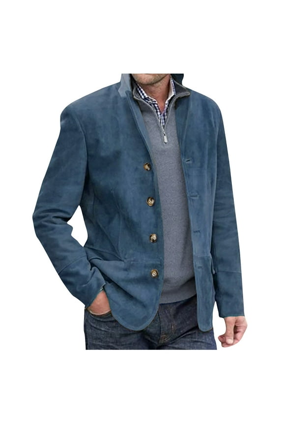 Fashion Olyvenn Men's Slim Fit Corduroy Blazer Jacket Faux Suede Sport Coat Business Work Office Blazer with Buttons Blue 8