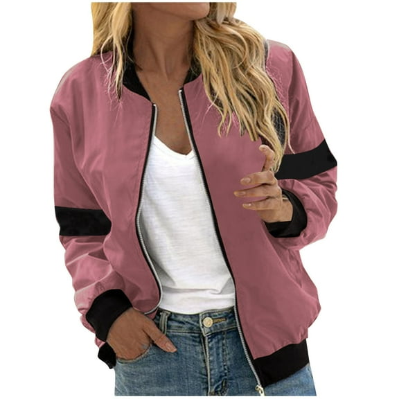 Fashion Olyvenn Women's Bomber Jacket Long Sleeve Zip Up Baseball Jacket Lightweight Windbreaker Outerwear Hot Pink 10