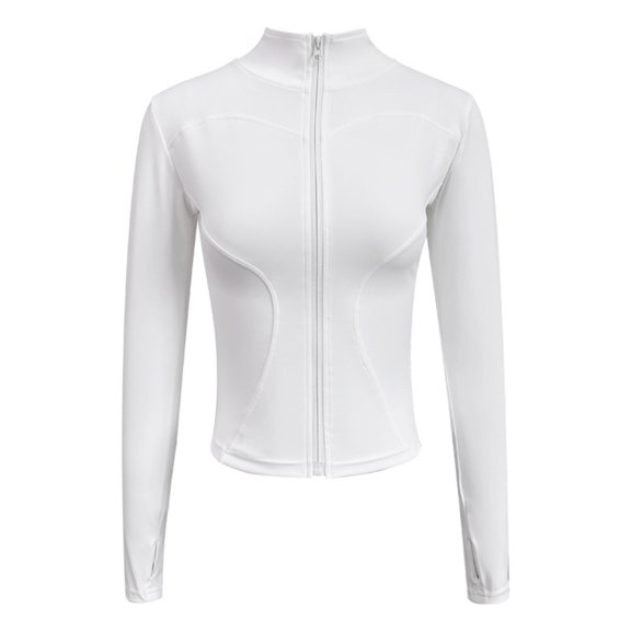 Fashion Olyvenn Women's Long Sleeve Yoga Crop Top Fitness Zipper Running Workout Athletic Jackets Thumb Hole Sportswear White 4