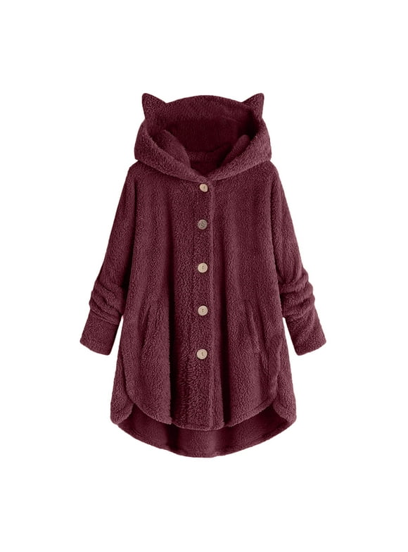 Rollback Prices Clearance Sale Women Button Plush Tops Hooded Loose Cardigan Solid Color Coat Jacket
