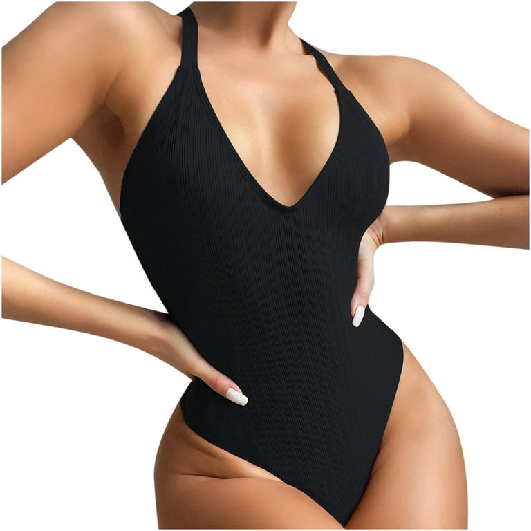 Rollback Women's One Piece Bodysuit Summer Fashion Cozy Outfits for Girls  Strappy Halter Bathing Suit Solid Color Beachwear Sexy Deep V-Neck Swimwear
