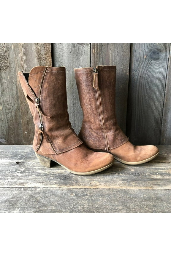 Rollbacks & Juebong Women Fashion Lace-Up Shoes Retro Western Cowboy Kngiht Boots Casual Warm Low Heels Mid-Calf Boots