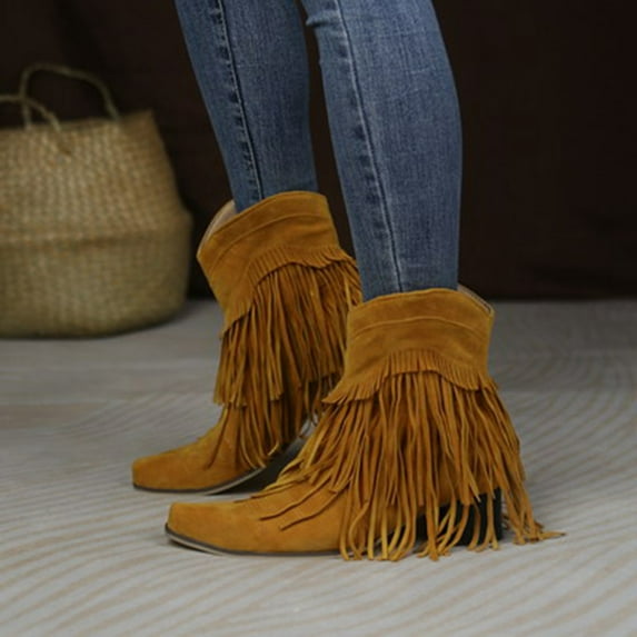 Rollbacks & Clearance Juebong Women's Vintage Tassels Up Short Boots Midheel Boots Shoes Cowboy Boots Modern Western Cowboy Distressed Boot
