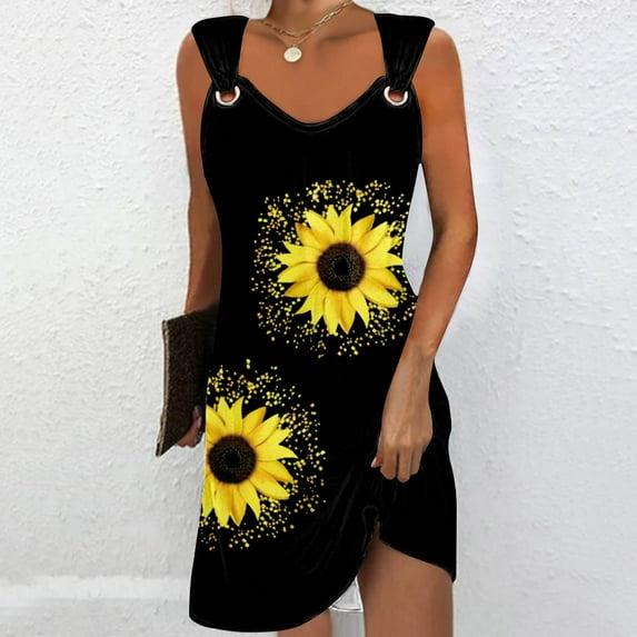 Rollbacks & More GaThRRgYP 2025 Summer Essential Short Sleeve Crew Neck Dress-Lightweight Daywear,Women's Printed Round Neck Casual Sleeveless Suspender Dress