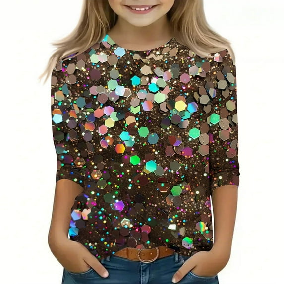 GaThRRgYP Children's and Girls Sweatshirts Crew Neck,Men's and Women's Shiny Printed Quarter Sleeve Round Neck Children's Top Pullover Base Shirt Coffee#2 5 Years