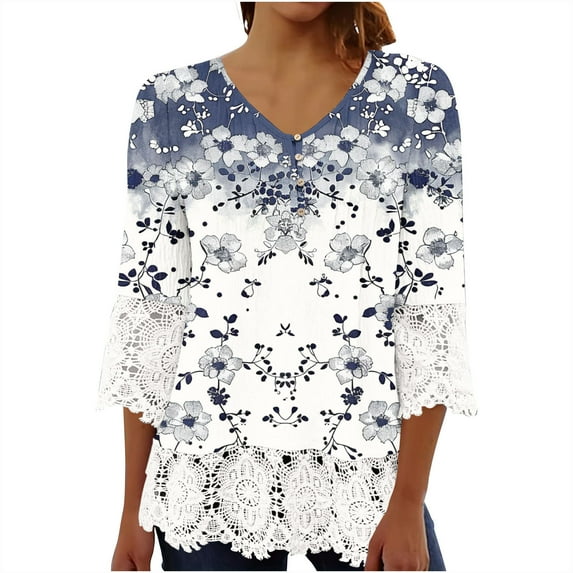 Rollbacks & More GaThRRgYP Going Out Tops for Women,Women Blouses Summer Short Sleeve Tops,Women's Casual Solid Color Button Lace Patchwork Three Quarter Sleeved T-Shirt Top White L