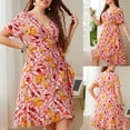 thumbnail image 1 of Rollbacks & More GaThRRgYP Side Ruched Round Neck Dress-Curvy Girl Approved,Women's Casual Sexy Fashion Summer V Backless Neck Short Sleeve Loose Print Oversized Dress, 1 of 9