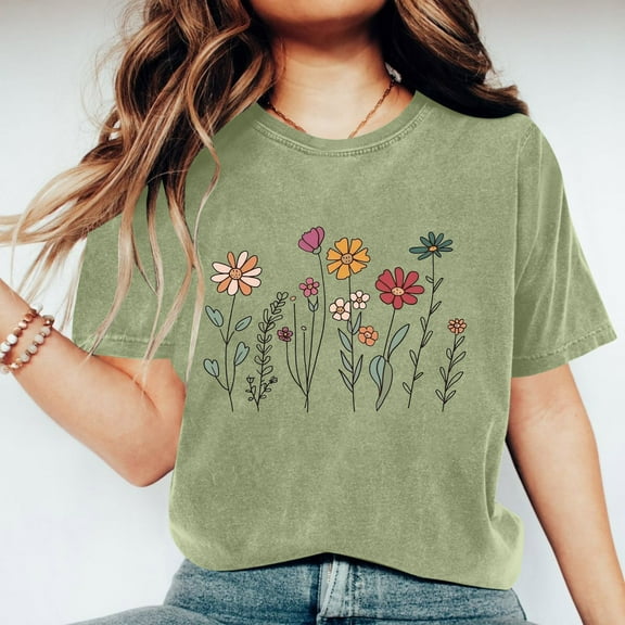 Rollbacks & More GaThRRgYP Spring Tops for Women,Womens Plus Size Tops,Women Mother's Day Gift Mom Flower Print Short Sleeve Round Neck T-shirt Pattern Top Army Green XXXL