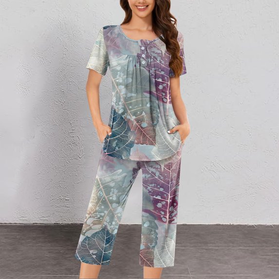 Black*Friday Deals Clearance GaThRRgYP Wide Leg Denim Pants for Women,2PC Women's Solid Color Neck Lace Splicing Short Sleeve Sleepshirt and Pants Sets Loungewear Pajamas with Pockets