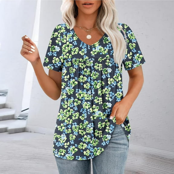 GaThRRgYP T Shirts for Women Tops Summer,Women's Casual Printing Blouses Short Sleeved V-Neck Summer Fashionable Pleated Top Blouse Green XXL