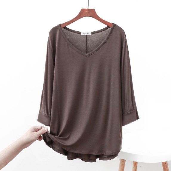 Rollbacks & More GaThRRgYP Women Blouses Summer Short Sleeve Tops,Women's Fashion Casual Round Neck Internal Construction Solid Color Shirt Long Sleeve Top Coffee XXL