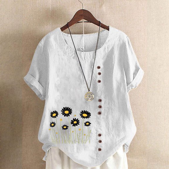Rollbacks & More GaThRRgYP Women's V - Neck Short Sleeve Summer Top - Casual Blouse,Women Fashion Casual Linen Top Printed Short Sleeve Button T-shirt Blouse Top White M