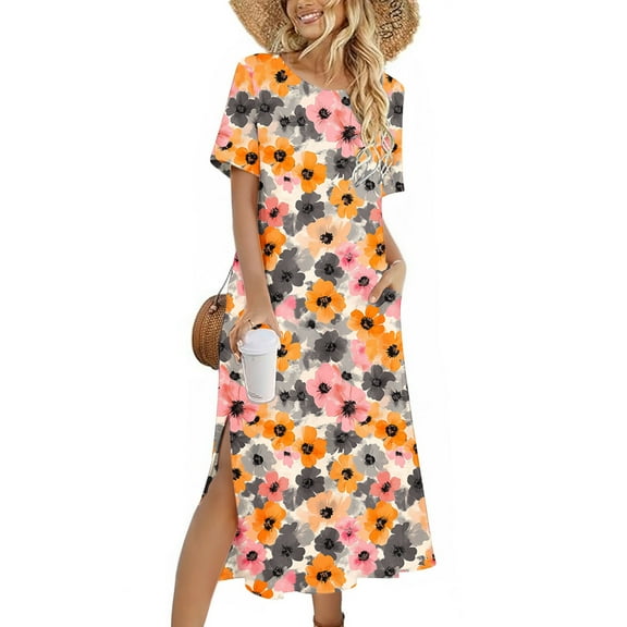 GaThRRgYP Womens Dresses Plus Size Summer,Women's Solid Color Loose Casual Fashion Long Sleeved Dress Women's Long Sleeved Neck Dress Orange S