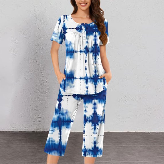 Rollbacks & More GaThRRgYP Womens Sets 2 Piece Outfits,2PC Women's Solid Color V Neck Lace Splicing Short Sleeve Sleepshirt and Pants Sets Loungewear Pajamas with Pockets Blue S