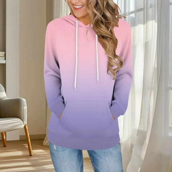 Hoodies for Women Drawstring Hooded Sweatshirts Women's Color Blocked Fashionable Loose Casual Long Sleeved Pocket Hooded Sweatshirt Top