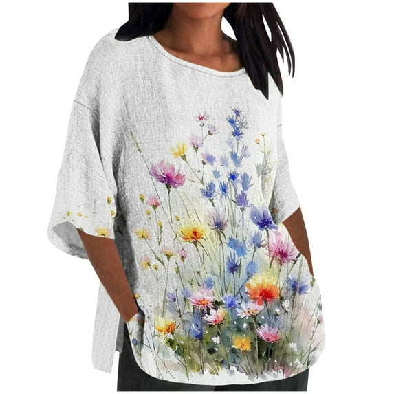 Rollbacks & More LEAVINGSUO Womens Hoodies Fall Winter Plus Size,Women's Ladies Fashion Casual Cropped 3/4 Sleeve Printing Loose Shirt Blouse Top White S