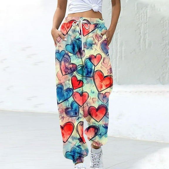 Rollbacks & More LEBONYARD High Waisted Flowy Wide Leg Pants for Women,Women's Casual Trousers Printing Drawstring Pants Waist Long Pants Sweatpants with Pocket Multicolor XL
