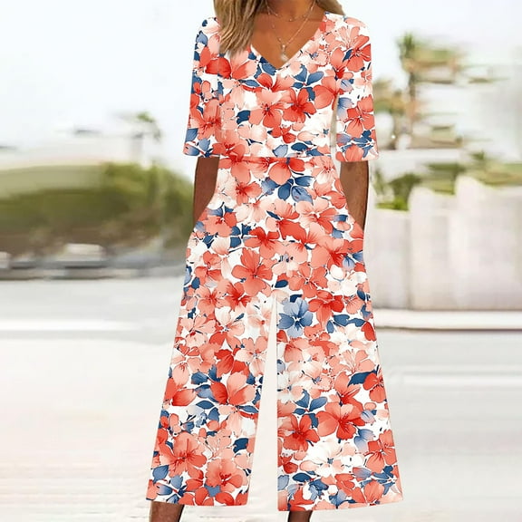 Rollbacks & More LEBONYARD Pants for Women Clearance,Women Fashion Summer Floral Print Casual Short Sleeved V-neck Back Zipper Side Pocket Jumpsuit Pants Red M