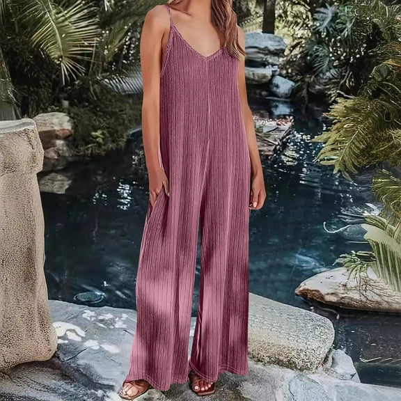 Rollbacks & More LEBONYARD Women's Cold Shoulder Overalls-Summer Trendy Top,Women's High Waist Casual Solid Color Suspender Sleeveless Pleated Jumpsuit Hot Pink XXL