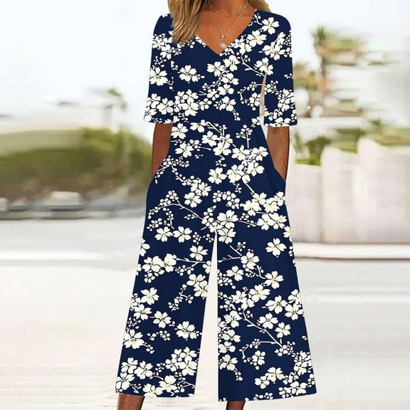 Rollbacks & More LEBONYARD Womens Pants Casual,Women Fashion Summer Floral Print Casual Short Sleeved V-neck Back Zipper Side Pocket Jumpsuit Pants Navy M