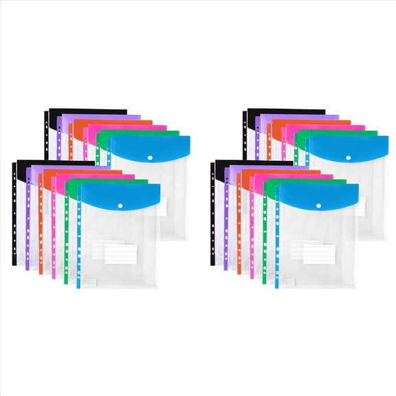 Rollbacks & More 24Pack Plastic Envelopes, Binder Pockets for 3/4/11 Ring Binder,Expandable Document Organizer with Snap Button and Label