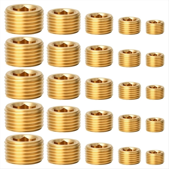 Rollbacks & More 25Pcs Brass Pipe Plug Fitting,1/8 1/4 3/8 1/2 3/4Inch Male Internal Hex Thread Socket Fitting Assortment Kit,C