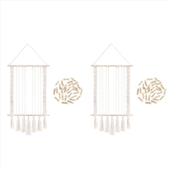 Rollbacks & More 2X Hanging Photo Display with 60 Wood Clips Macrame Wall Picture Holder Collage Frame for Boho Decor