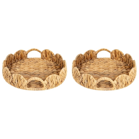 Rollbacks & More 2X Scalloped Edge Round Tray, Serving Tray with Built-in Handles, Decoratve for Coffee Table, Rattan