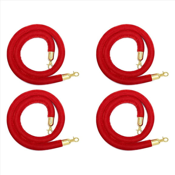 Rollbacks & More 4 Pack Velvet Stanchion Rope with Gold Hooks, Crowd Control Safety Barrier Red Carpet Decoration, 5 Feet