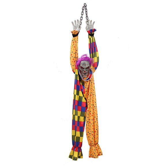 Rollbacks & More 5.6 Ft Halloween Hanging Animated Talking & Shaking Scary Clown with Chain, Touch Activated for Decor