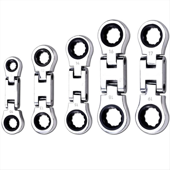 Rollbacks & More 5-Piece Flex-Head Stubby Ratcheting Combination Wrench Set, Mini Double Box End Flex-Head, Spanner Set