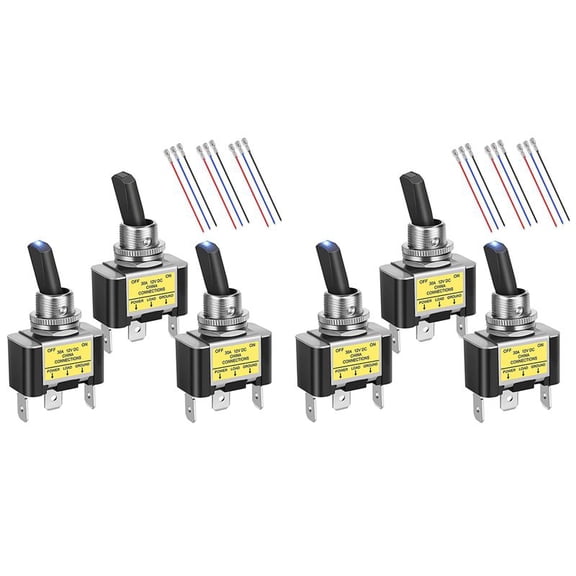 Rollbacks & More 6PCS ON Off Rocker Lighted Toggle Switch 30A 12V DC SPST 2 Position 3 Pin Blue LED Light Wired for Car Boat Automotive