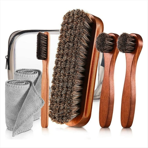 Rollbacks & More 7 Pcs Horsehair Shine Shoes Brush Kit Polish Dauber Applicators Cleaning Leather Boots Care Brushes Cleaner