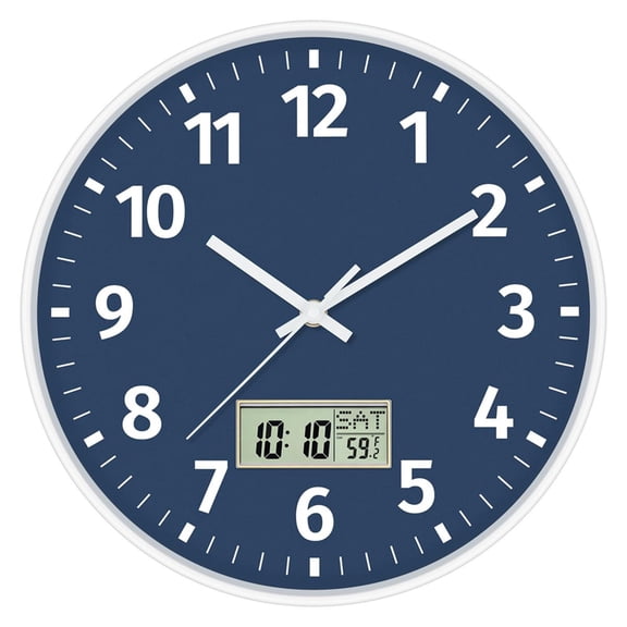 Rollbacks & More Digital Wall Clock with Time, Day of Week and Temperature, Silent Non-Ticking Battery Operated Round